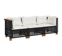 Sofá de exterior de 3 plazas con cojines de ratán sintético negro, muebles de jardín, asientos de patio y elegante sofá de 3 plazas para patio trasero y jardín