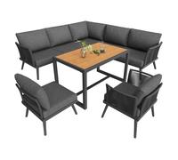 Sofá de jardín esquinero 7 plazas con mesa de centro y sillón - conjunto modular resistente a la intemperie con estructura de hierro, reposabrazos trenzados y cojines - gris
