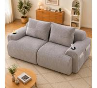 Sofá de pana modular de 2 plazas, soporte para bebidas, bolsillo lateral | Sofá de pana de 200 cm, gris claro, espuma confort, envasado al vacío, para salón, habitación familiar, oficina