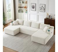 Sofá de rinconera convertible, sofá cama modular de 4 plazas en forma de U sin estructura rígida, sofá de terciopelo acanalado con asiento profundo, Relleno de esponja altamente elástico (Beige)