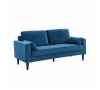 Sofá De Terciopelo Con Patas De Madera De Hevea, 3 Plazas, Azul
