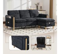 Sofá de tres plazas, estilo nórdico, con reposapiés con espacio de almacenamiento, bolsillos laterales, patas de madera, forma en L (gris oscuro)