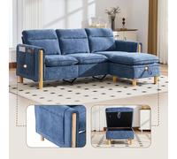 Sofá de tres plazas, estilo nórdico, con reposapiés con espacio de almacenamiento, bolsillos laterales, patas de madera, forma en L (gris)