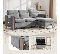 Sofá de tres plazas, estilo nórdico, con reposapiés con espacio de almacenamiento, bolsillos laterales, patas de madera y forma en L (color beige)