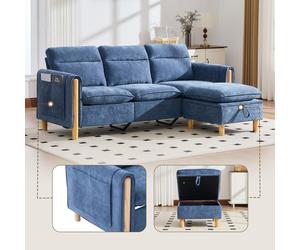 Sofá de tres plazas, estilo nórdico, con reposapiés con espacio de almacenamiento, bolsillos laterales, patas de madera, forma en L (gris)