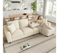 Sofá en L de Chenilla con Almacenaje y Posavasos, Beige, 280x136x82 cm