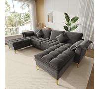 Sofá esquinero en forma de U, diseño modular de 4 plazas con aspecto de nube, cojines de espuma de doble capa, 2 sillas, 2 almohadas, patas de metal dorado, tapicería de chenilla, ideal para sala de