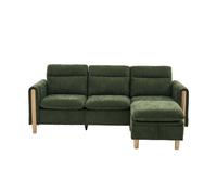 Sofá esquinero l 3 plazas - estilo nórdico con taburete de almacenamiento, bolsillos laterales y patas de madera - verde chenilla