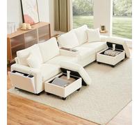 Sofá esquinero modular de 4 plazas, sofá con función de dormir, sofá con 2 otomanas, lámpara de lectura, estante plegable, soporte para bebidas y USB/Type-C, reposabrazos en ambos lados con