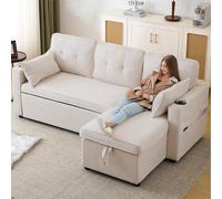 Sofá grande de 3 plazas en forma de L - Diseño moderno - Sillón acolchado con espacio de almacenamiento y portavasos - Mueble de salón - Sofá convertible a izquierda y derecha - Beige