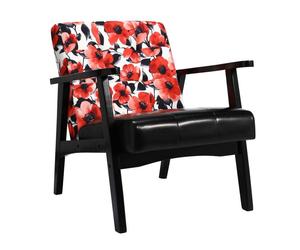 Sofá japonés negro con flores rojas - reposabrazos de pu negro - estilo vintage de mediados de siglo