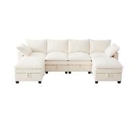 Sofá l-forma moderno 6 plazas - corduroy, con usb, reposapiés, almacenamiento y portavasos - beige