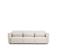 Sofá Lares de 3 plazas con asientos deslizantes motorizados y reposacabezas reclinable en chenilla beige de 255 cm.