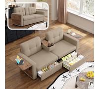 Sofá moderno de 2 plazas con mesa plegable y soporte para bebidas, color | Sofá multifuncional con 2 compartimentos de almacenamiento, asiento ajustable, tela de chenilla, adecuado para oficinas