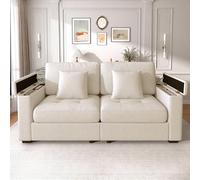 Sofá moderno de 2 plazas de 180 cm, color beige con espacio de almacenamiento en el reposabrazos, tela de chenilla suave, incluye 2 cómodos cojines y acolchado de espuma de alta densidad para una