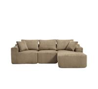 Sofá modular 3 plazas - chaiselongue, 5 cojines, bolsillos laterales, reposabebidas, tela suave, espuma densa - khaki