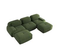 Sofá modular 3 plazas con chaise longue convertible, terciopelo cotelé verde, asiento profundo y espuma alta densidad 32d, diseño moderno para salón familiar, módulos intercambiables con reposapiés gr