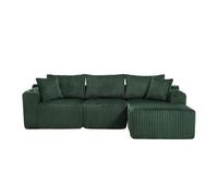 Sofá modular 3 plazas con chaiselongue - tejido corduroy suave, 5 cojines, bolsillos laterales, soporte para bebidas - esmeralda