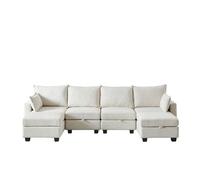 Sofá modular 6 plazas - u, chaise longue, almacenamiento, chenilla - beige
