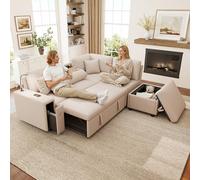 Sofá modular de 5 plazas con función cama, sofá de esquina en L con puerto USB y puf con almacenamiento, sofá cama con luz de lectura y mesa plegable, sofá modular transformable, Lino, Beige