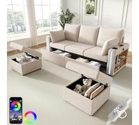 Sofá modular en forma de U, sofá de 3 plazas con 2 taburetes de | Beige Corduroy LED per App, Soporte para bebidas, USB/Type-C, estante para reposabrazos, cajones grandes