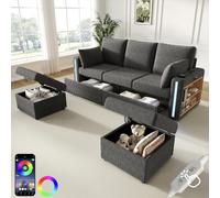 Sofá modular en forma de U, sofá de 3 plazas con 2 taburetes de | Gris Corduroy LED por aplicación, soporte para bebidas, USB/Type-C, estante para reposabrazos, cajones grandes, cojines