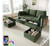 Sofá modular en forma de U, sofá de 3 plazas con 2 taburetes de | Verde Corduroy LED por aplicación, soporte para bebidas, USB/Type-C, estante para reposabrazos, cajones grandes, cojines
