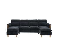 Sofá modular en u 4 plazas grande - con dos otomanas con almacenaje, patas de madera, tejido chenilla, diseño modular cómodo para salón familiar - negro