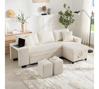 Sofá plegable, sofá esquinero en forma de L, puerto de carga USB, 3 plazas, espacio de almacenamiento, color beige