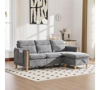 Sofá STILVORA de 3 plazas, estilo nórdico, con reposapiés con espacio de almacenamiento y bolsillos laterales. Sofá en forma de L con patas de madera, sofá de esquina ideal para espacios pequeños, col