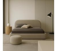 Sofello Design-Bett Moon: Elegancia y estilo en beige.Cama tapizada hecha a mano en color beige, tamaño 90x200.Incluye somier de madera con espacio de almacenamiento.Ancho: 90-200 cm