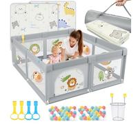 SOFTHOM Parque Infantil Bebe 120x120 con Alfombra, Corralito Bebe con 360° Malla Transpirable+Tela Oxford+Base Antideslizante+60 bolas+ 4 agarraderas+Canasta de Juego+Bolsas de Transporte, León gris