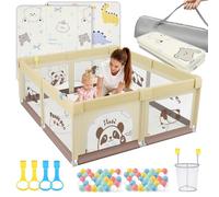 SOFTHOM Parque Infantil Bebe 120x120 con Alfombra, Corralito Bebe con 360° Malla Transpirable+TelaOxford+Base Antideslizante+bolas+ agarraderas+Canasta de Juego+Bolsas de Transporte, Panda beige