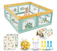 SOFTHOM Parque Infantil Bebe 150x180 con Alfombra, Corralito Bebe con 360° Malla Transpirable+Tela Oxford+Base Antideslizante+60bolas+4agarraderas+Canasta de Juego+Bolsas Transporte, Cocodrilo verde