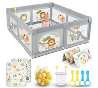 SOFTHOM Parque Infantil Bebe 180x200 con Alfombra, Corralito Bebe con 360° Malla Transpirable+Tela Oxford+Base Antideslizante+60 bolas+4 agarraderas+Canasta de Juego+Bolsas de Transporte, León gris