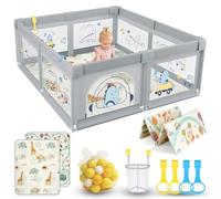 SOFTHOM Parque Infantil Bebe 180x200 con Alfombra, Corralito Bebe con 360° Malla Transpirable+Tela Oxford+Base Antideslizante+60bolas+4agarraderas+Canasta de Juego+Bolsas Transporte, Dinosaurio gris