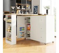 SogesHome Mesa de Bar giratoria 360° con Isla de Cocina, Carrito de Cocina, Isla de Almacenamiento con Ruedas con 3 cajones, 2 Puertas, Porta Aperitivos y Estante Lateral para Cocina, Comedor, salón,