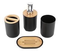 Solinder Conjunto de Baño de Bambú, Suite Duradera 4 Piezas (Black) | Resistente al agua, fácil de limpiar, soporte para cepillos de dientes, diseño moderno.