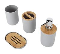Solinder Conjunto de Baño de Bambú, Suite Duradera 4 Piezas (Gray) | Resistente al agua, fácil de limpiar, soporte para cepillos de dientes, diseño moderno.