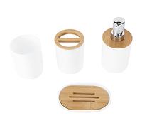 Solinder Conjunto de Baño de Bambú, Suite Duradera 4 Piezas (White) | Resistente al agua, fácil de limpiar, soporte para cepillos de dientes, diseño moderno.