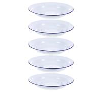 SOLUSTRE 5piezas Plato Esmaltado Redondo Borde Azul y Blanco Diseño Vintage para Calentar Horno y Servir Snacks Apto para Comida y Picoteo Fácil de Limpiar para Hogar y Restaurante