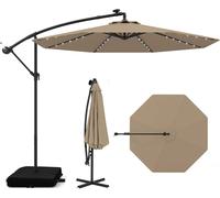 Sombrilla COSTWAY de 350 cm con soporte, luces LED y manivela, tipo pérgola, para jardín, con protección UV, ideal para mercados y terrazas, color marrón
