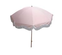 Sombrilla de playa portátil a rayas de 200 cm con protección UV, inclinación y altura ajustables, sombrilla con borla para exteriores, ideal para patio, jardín, piscina, balcón y camping, color rosa.