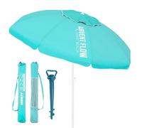 Sombrilla playa 220 cm y soporte arena, protección UV+50, sombrilla antiviento, varillas flexibles fibra vidrio, techo ventilación, mástil inclinable y regulable altura, bolsa transporte