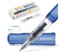 Someie Juego de pluma estilográfica CON-40 y convertidor Kakuno de punta fina azul (FKA-1SR-KPL-F) con cartucho de tinta negra y notas adhesivas, sistema de tinta recargable, para principiantes