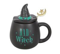Something Different Wholesale Taza de bruja mala con tapa y cuchara | Taza de cerámica verde con sombrero de bruja | Regalo de café gótico de Halloween