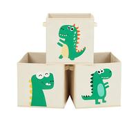 SONGMICS 3 Cajas de Almacenamiento de Niños, Juego de Organizadores de Juguetes 30 x 30 x 30 cm, Cubos Plegables con Asas, para Dormitorio, Sala de Juegos, Patrones de Dinosaurios, Beige RFB704W03