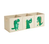 SONGMICS 3 Cajas de Almacenamiento de Niños, Juego de Organizadores de Juguetes 30 x 30 x 30 cm, Cubos Plegables con Asas, para Dormitorio, Sala de Juegos, Patrones de Dinosaurios, Beige Beige