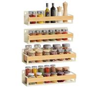 SONGMICS 4 Especieros para Cocina, Estantes de Pared, Acero y Bambú | Estante Almacenamiento Cocina, 30 x 10,3 x 7,5 cm, Drenaje, Baño, Blanco Crema y Bambú Claro, Colección Bystro KCS601W101