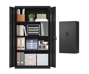 SONGMICS Armario Archivador, Armario Metálico, Mueble de Oficina con Cerradura, 2 Puertas, Acero, 80 x 40 x 140 cm, 3 Baldas Ajustables, Negro Mate OMC020BD01
